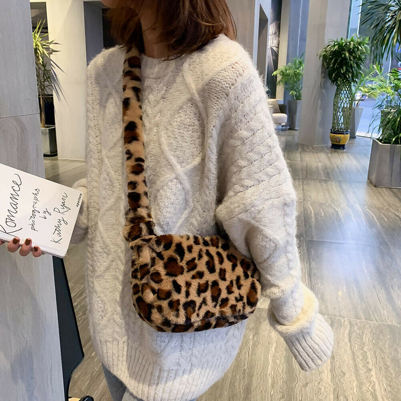 Fashion Leopard Print Crossbody Bag Women Plush Autumn Winter Pouch (Brown)