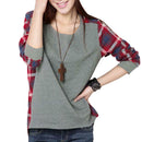 Autumn Casual Women Blouses O-neck Plaid Splicing Loose Tops (Grey)(S)