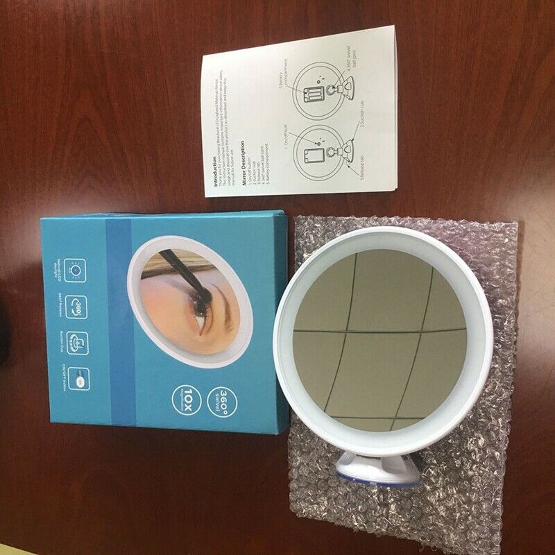 10X Magnifying Makeup Vanity Mirror Portable with LED Light Suction Cup 360 B8N1