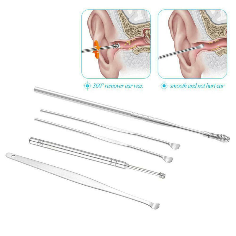 5Pcs Stainless Steel Ear Wax Cleaner Easy Swab Earwax Removal Earpick Tool+Case