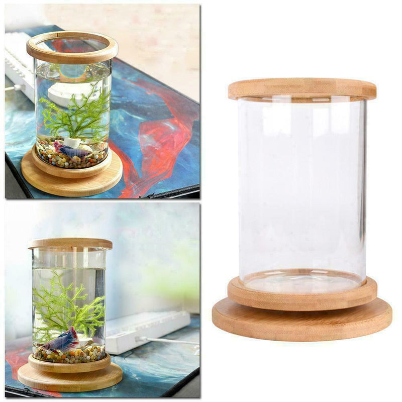 Glass Aquarium Bamboo Base Mini Fish Tank Decoration Fish Bowl Office Micro H6O6