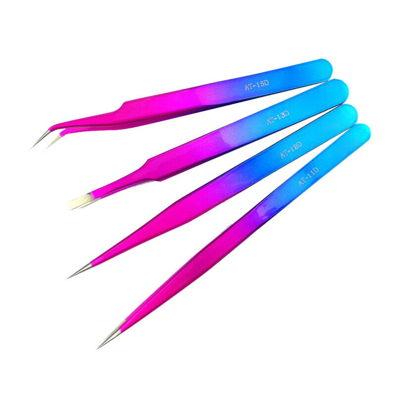 4x Electroplated Colorful Tweezers Precision Stainless Steel Anti-static T UFK