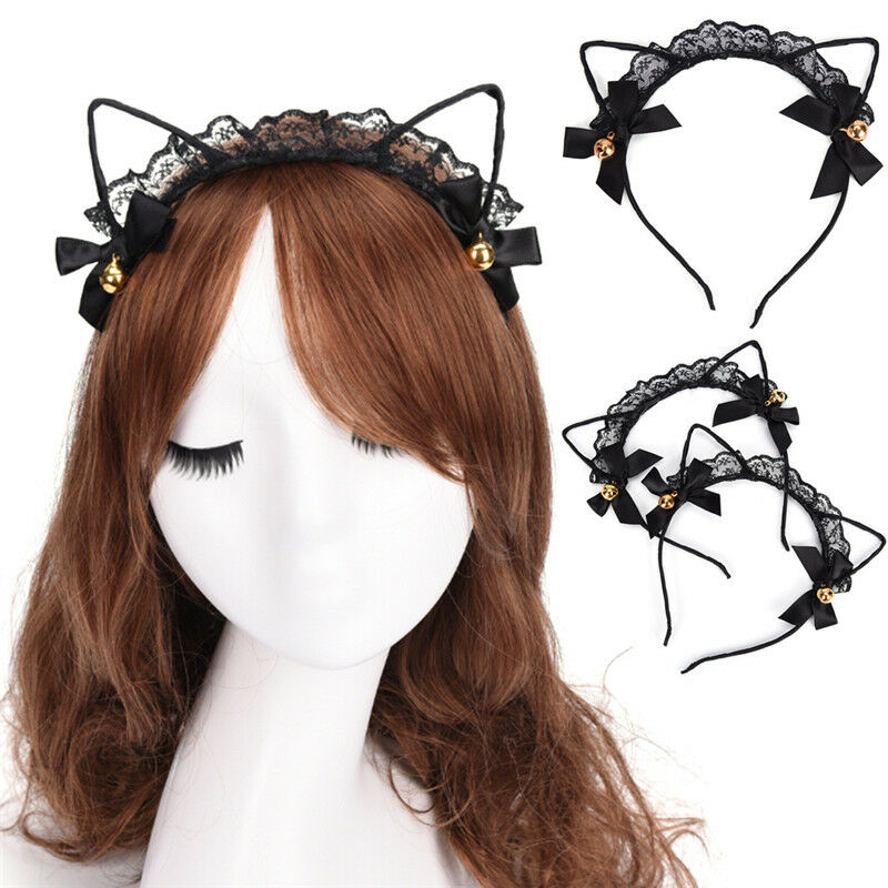 Women Lace Cat Ears Headband Bells Party Costume Fancy Dress Hair Hoop  OZA Gw