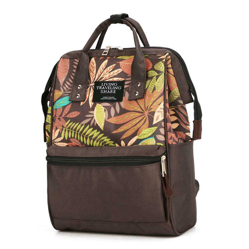 Tropical Plant Print Travel Backpacks Nylon Women School Bags (Dark Brown)