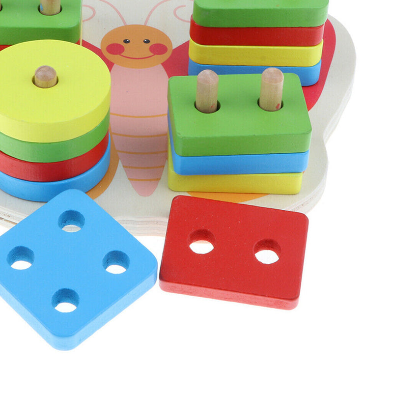 Wooden Geometric Blocks Column Shapes Color Puzzle Building Educational Toys