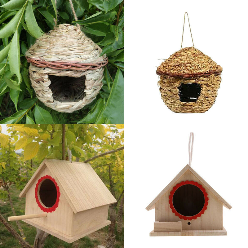 2x Rustic Wooden Nesting Nest Box Bird House + 1pc Handmade Woven Straw