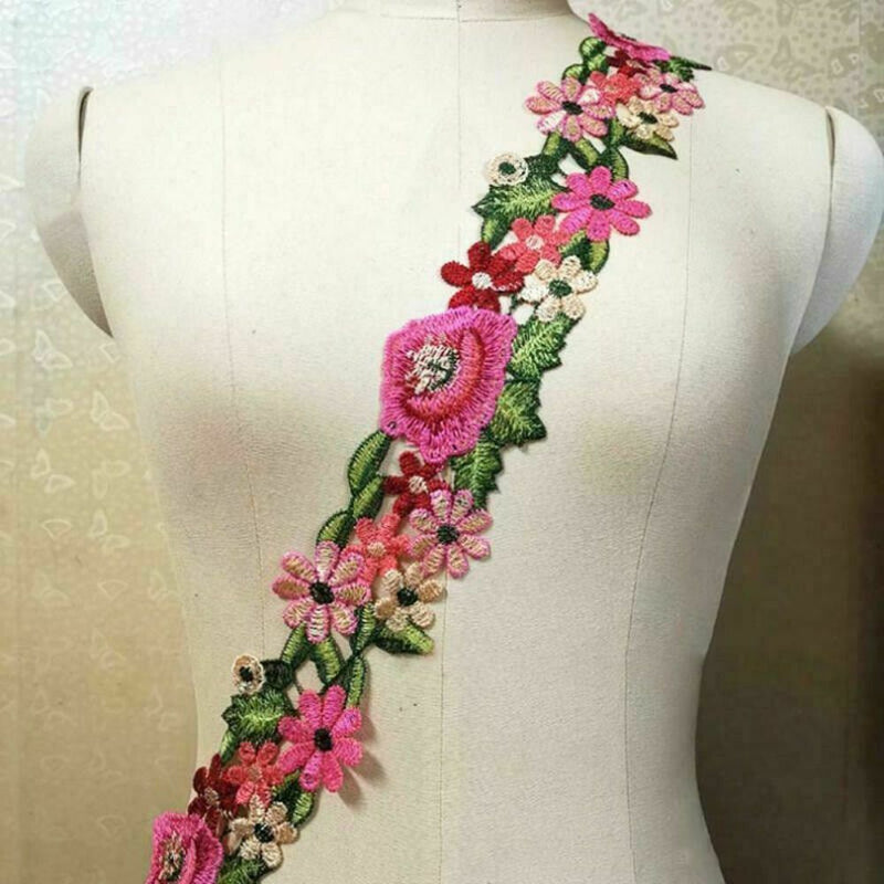 1 Yard Boho Flower Leaves Lace Trim Ribbon Applique Embroidered Sewing Craft DIY