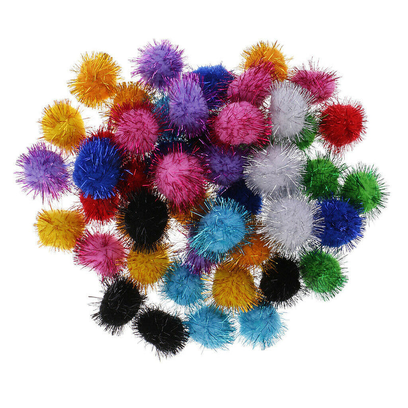 50pcs Glitter Pom Poms Assorted Colours 35mm pompoms Tinsel Kitten Cat Toys