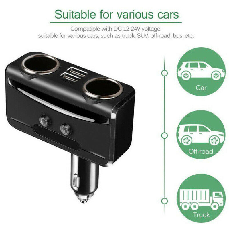 Car LCD Cigarette Lighter Socket Distributor DC 12V Dual USB Charger Power QNF