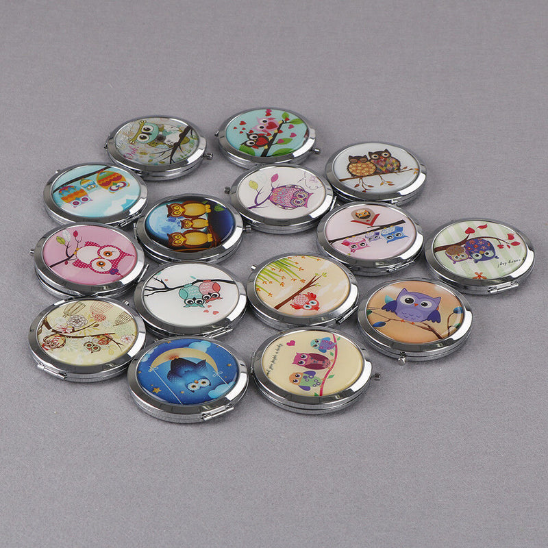 Women makeup compact pocket owl mirrors portable double-side folding mirror 3C