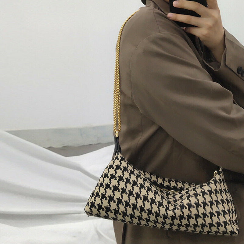Retro Canvas Shoulder Chain Bag Women Elegant Plaid Pattern Crossbody Purse