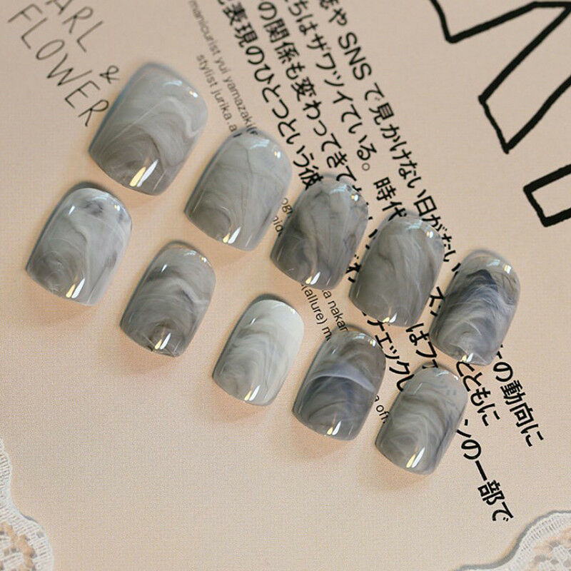 24 pcs Grey Marble fingernail tips Short False Nails Acrylic Full Cover New Hot