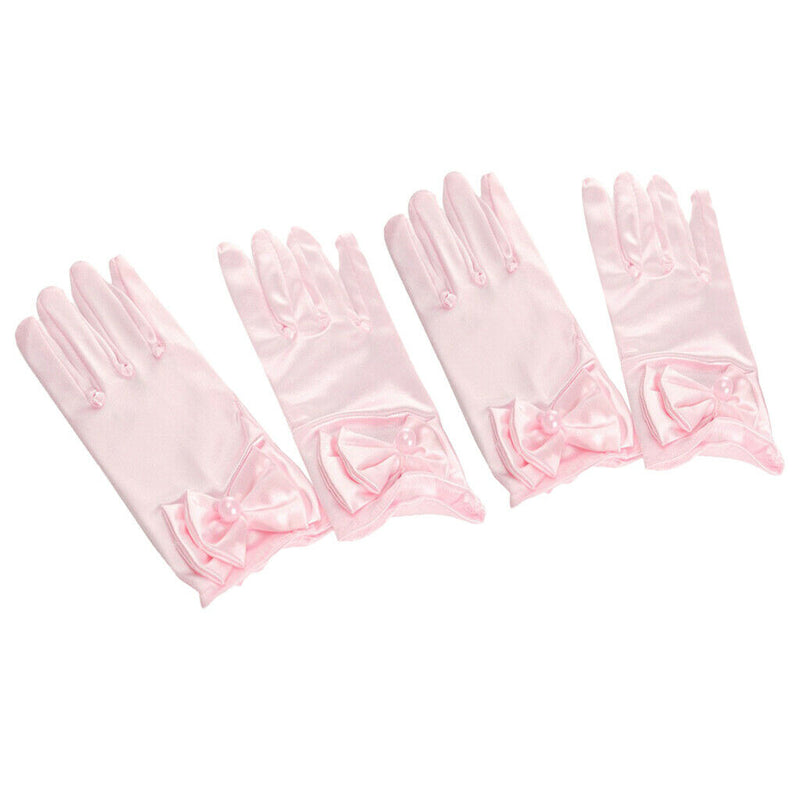 2 Pairs Girls Satin Princess Gloves Wedding Bow Party Gloves Wrist Length