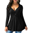 Women Spring Solid Color Shirts Casual V-neck Pleated Tops (Black)(XL)