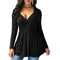 Women Spring Solid Color Shirts Casual V-neck Pleated Tops (Black)(XL)
