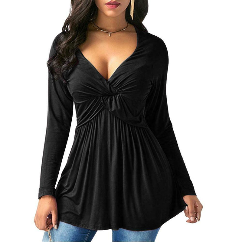 Women Spring Solid Color Shirts Casual V-neck Pleated Tops (Black)(XL)