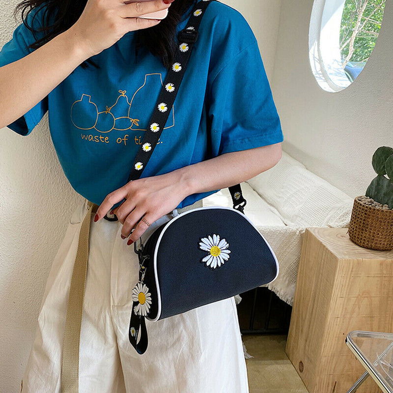 Women Canvas Crossbody Bag Semicircle Shoulder Flower Sling Handbag (Black)