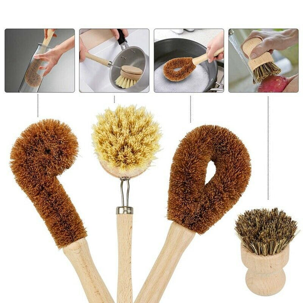 Plant Based Cleaning Brush Set 4 Piece, Beech Wood and Coconut Bristle Wood C9D6