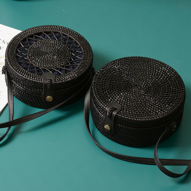 Black Round Rattan Bags For Women Crossbody Bag Handmade Woven Circle Shoul M1U1
