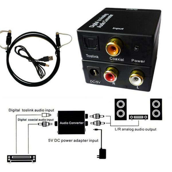 Digital Optical Coax to Analog RCA Audio Converter Adapter with Fiber Cable USB