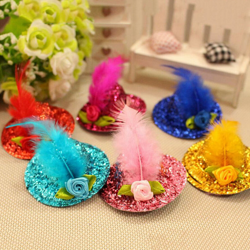 Mini Hats Hair Clip Girl Feather Hairpin Shiny Cap Bobby Pin Random Color MTC Kw