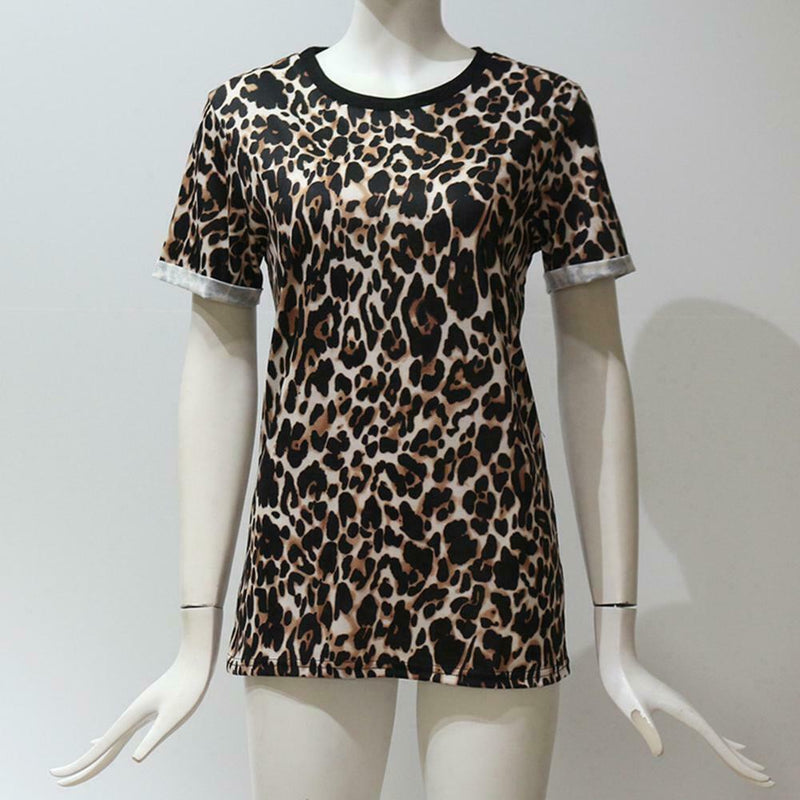 Chiffon Women T-Shirt Short Sleeve Leopard Fashion Summer Tops (M)