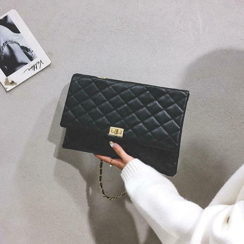 Fashion Women Shoulder Messenger Handbag Chain Leather Evening Bag (Black) A