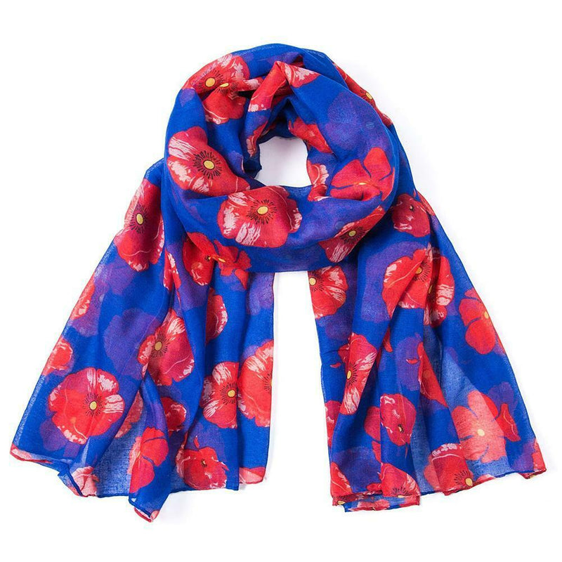 Women Scarf Poppy Floral Stole Shawl Long Scarf Female Neck Wrap Dark Blue