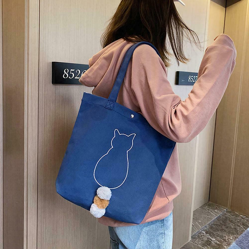 Canvas Women Shoulder Bag Large Capacity Cat Print Shopping Handbag (Blue)
