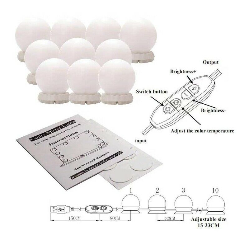 Hollywood Style LED Mirror Light Makeup Mirror USB Cosmetic Make Up Lamp 10 Q8V3