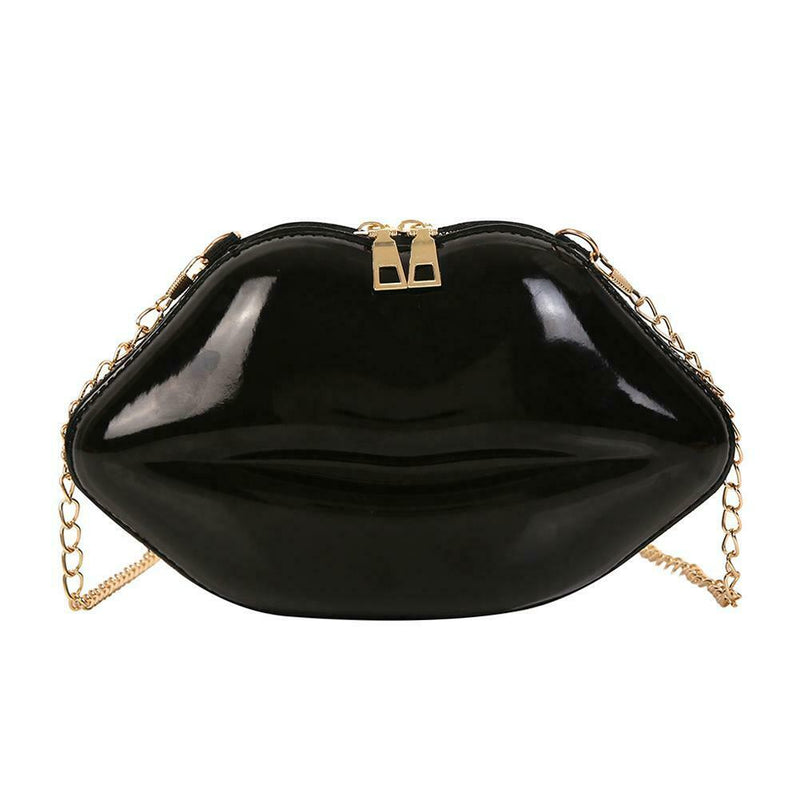 Lips Women PVC Handbags Chain Messenger Bags Shoulder Party Clutch (Black)