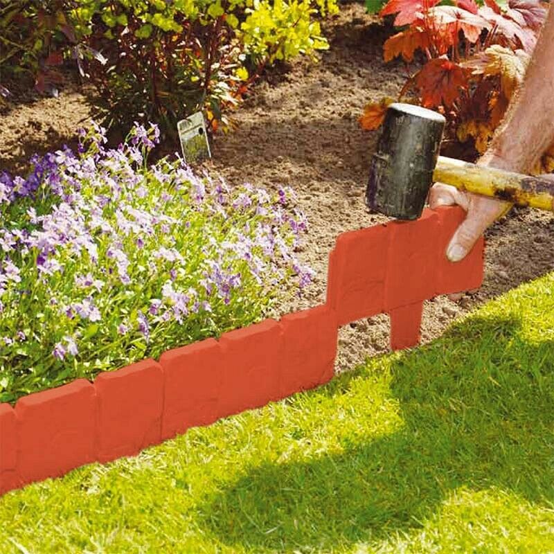 10Pc Orange Red Garden Fence Edging Cobbled Stone Effect PP Lawn Edging Pla Z9J2