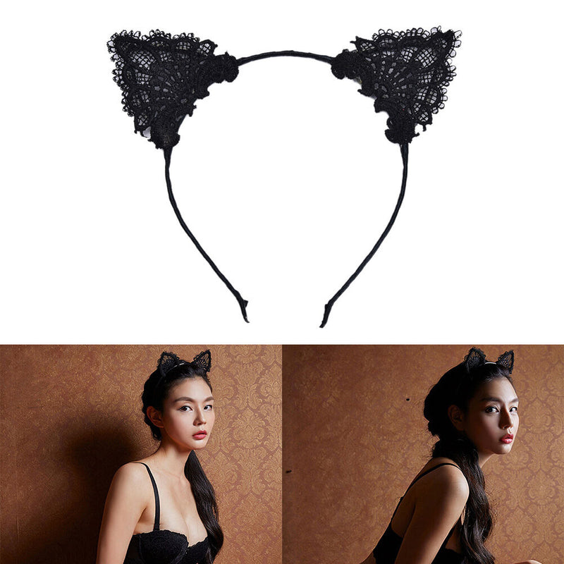 Women Girls Kids Cute Cat Kitty Costume Ear Party Lace Hair Head Band Prop J Gw