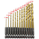 13 Pcs 1/4" Titanium Coated High Speed Steel Drill Set Hex Shank 1.5-6.5mm