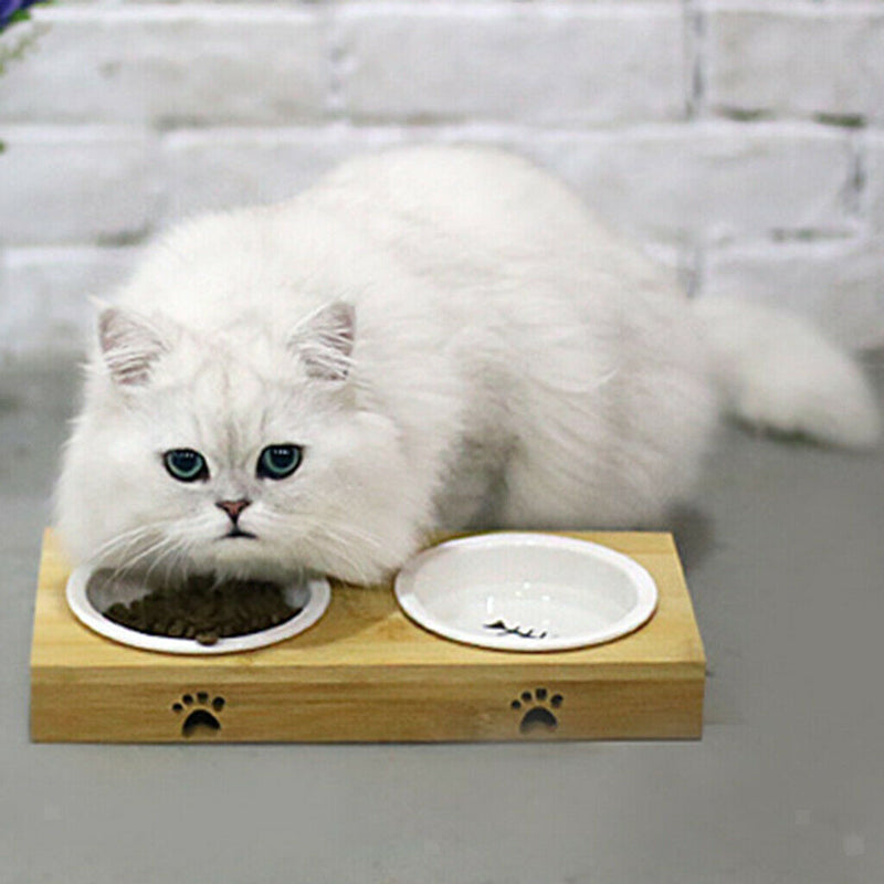 2pcs Bamboo Elevated Dog Cat Food Water Bowls Stand Feeder With Stainless 2 Bowl