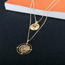 Women Retro Double Layers Alloy Round Pendant Long Necklace Clavicle Chain