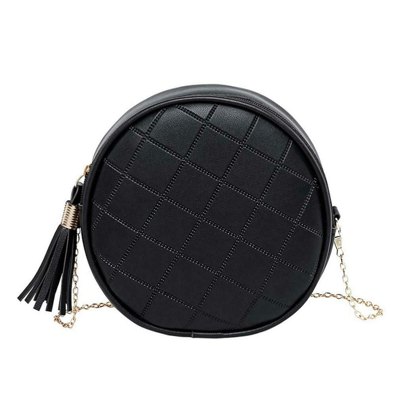 Pure Color Plaid Shoulder Handbags Women Round Tassel Crossbody Bag (Black)
