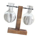 Set of 2 Decorative Clear Glass Planter Bulb Vases with Wood Holder Stand & Vase