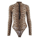Women Leopard Bodysuit Autumn And Winter Zipper Placket High Collar Long Sl