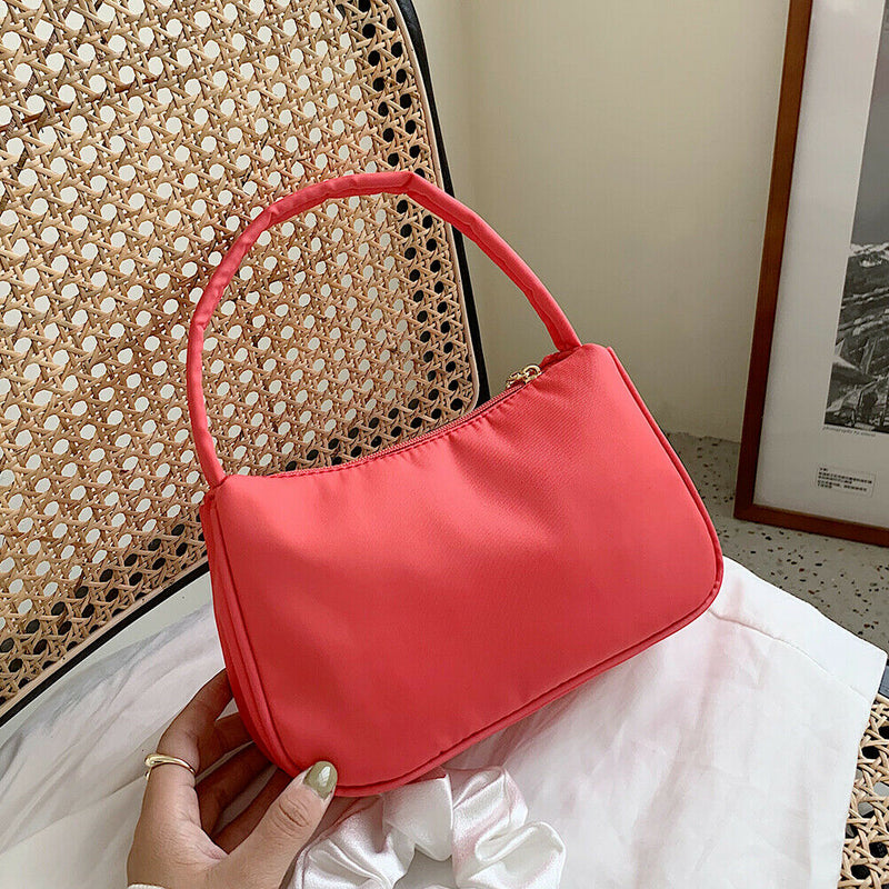 Nylon Casual Women Handbag Female Solid Underarm Shoulder Bag (Rose Red)
