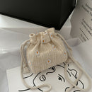 Women Woven Shoulder Handbag Drawstring Daisy Beach Crossbody Pouch (White) A