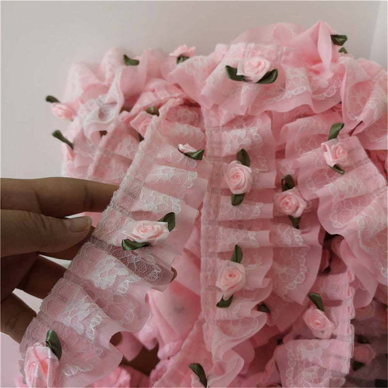 1 Yard/91cm 5cm Pink Rose Flower Ruffle Lace Trim Chiffon Pleated Ribbon Crafts