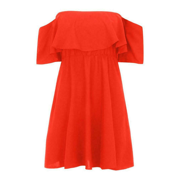 Plus Size Off Shoulder Boat Neck Women Dress Frill Pure Color Dresses (XL) A#S