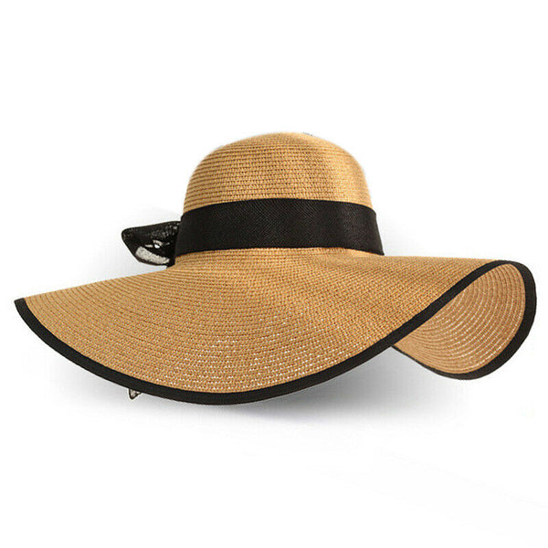 Summer Large Brim Straw Hat Floppy Wide Brim Sun Cap Bowknot Beach Foldable B6C2
