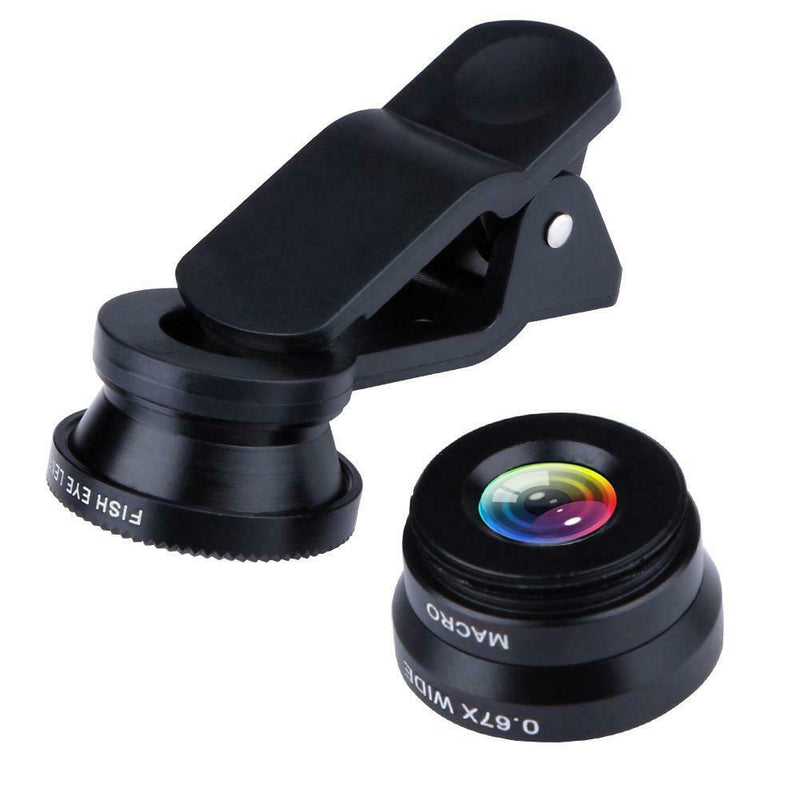 Clip 3-in-1 180 Fish-Eye Lens+Wide Angle Lens+Macro Lens Black