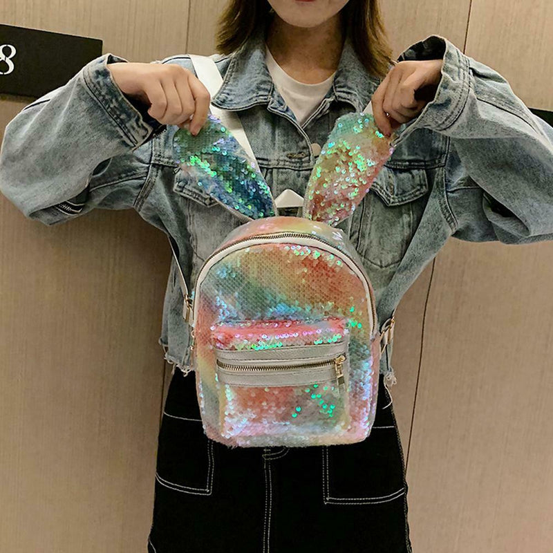 Sequins Cute Rabbit Backpack Bling Leather Women Girls School Bag (Style 1) A