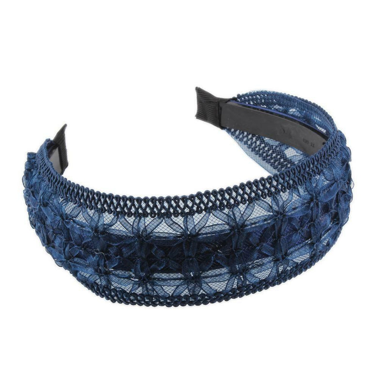Blue Lace Floral Embroidery Wide Alice Band Headband Hairband for Women