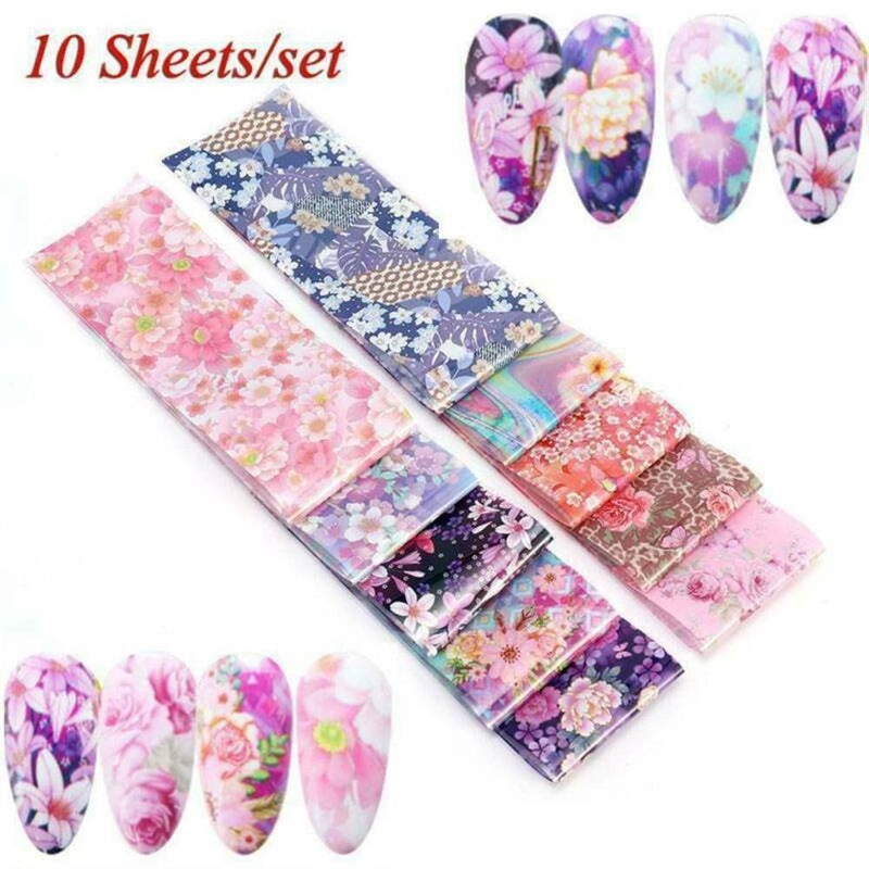 Flower Transfer Manicure Decor Nail Foil Nail Art Stickers Holographic Decals*10