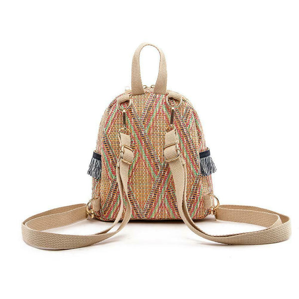 Straw Small Backpacks Women Stripe Print Shoulder School Bags (Dark Brown)