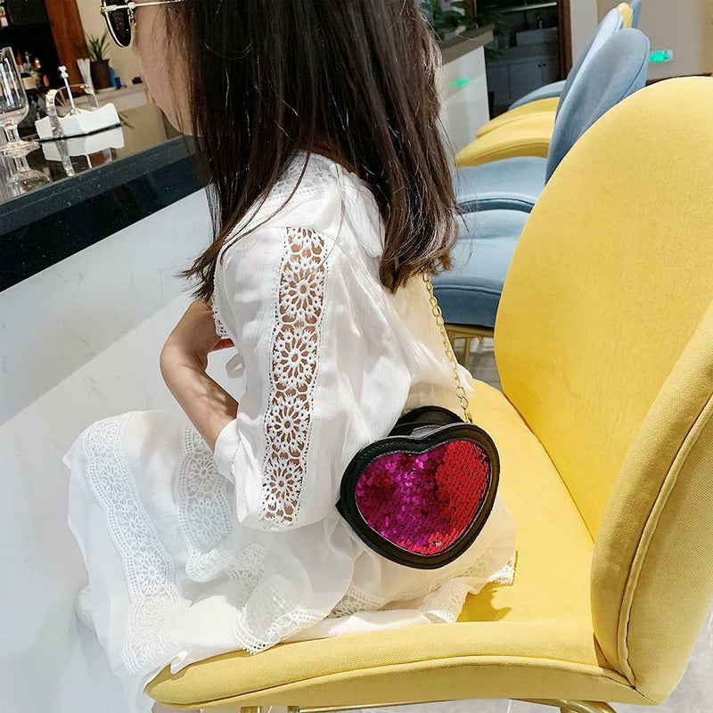 Sequins Heart Shaped Shoulder Handbags Kids Girls Crossbody Bags (Rose Red)